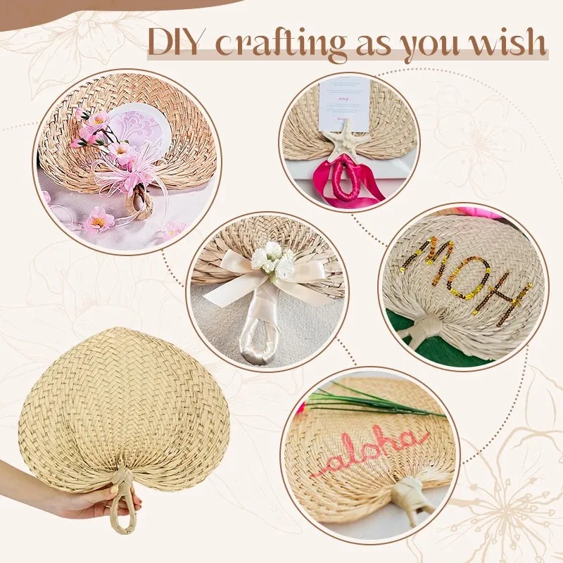 

C2 6Pcs Portable Fans mini Raffia Hand Wedding Fans Handmade Weaving Fan Farmhouse Home Wall Decoration Summer Cooling Supplies