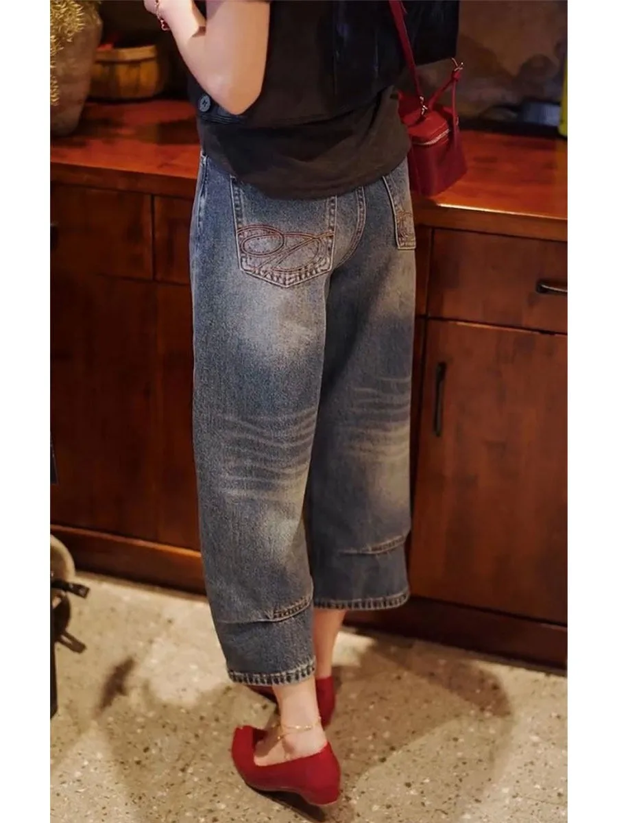 

Loose High Waist Blue Denim Jeans Women's Summer Wide Leg Pants Straight Cut Slimming Trousers Vintage Style Casual Jeans