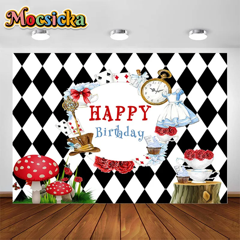 Mocsica1st 생일 파티 사진 배경 이상한 나라의 앨리스 장식 소품, 신생아 베이비 샤워 사진 배경 배너