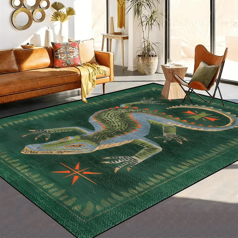 Mythical Green Lizard Dragon Print Area Rug, Tribal Crocodile Motif Floor Mat for Living Room Bedroom, Washable Aesthetic Carpet
