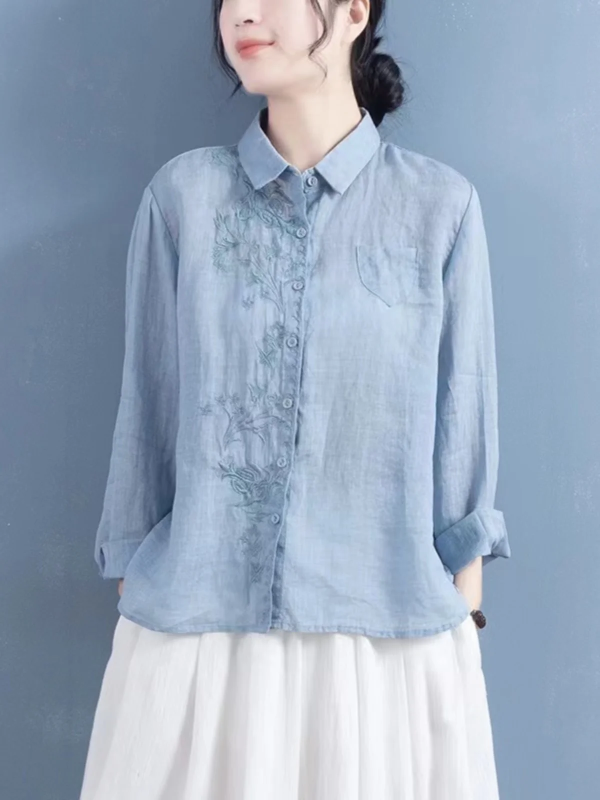 

Retro Embroidered Pure Color Cotton Linen Long Sve Women's Spring Autumn Loose Slimming Collar irt Inner Wear Top