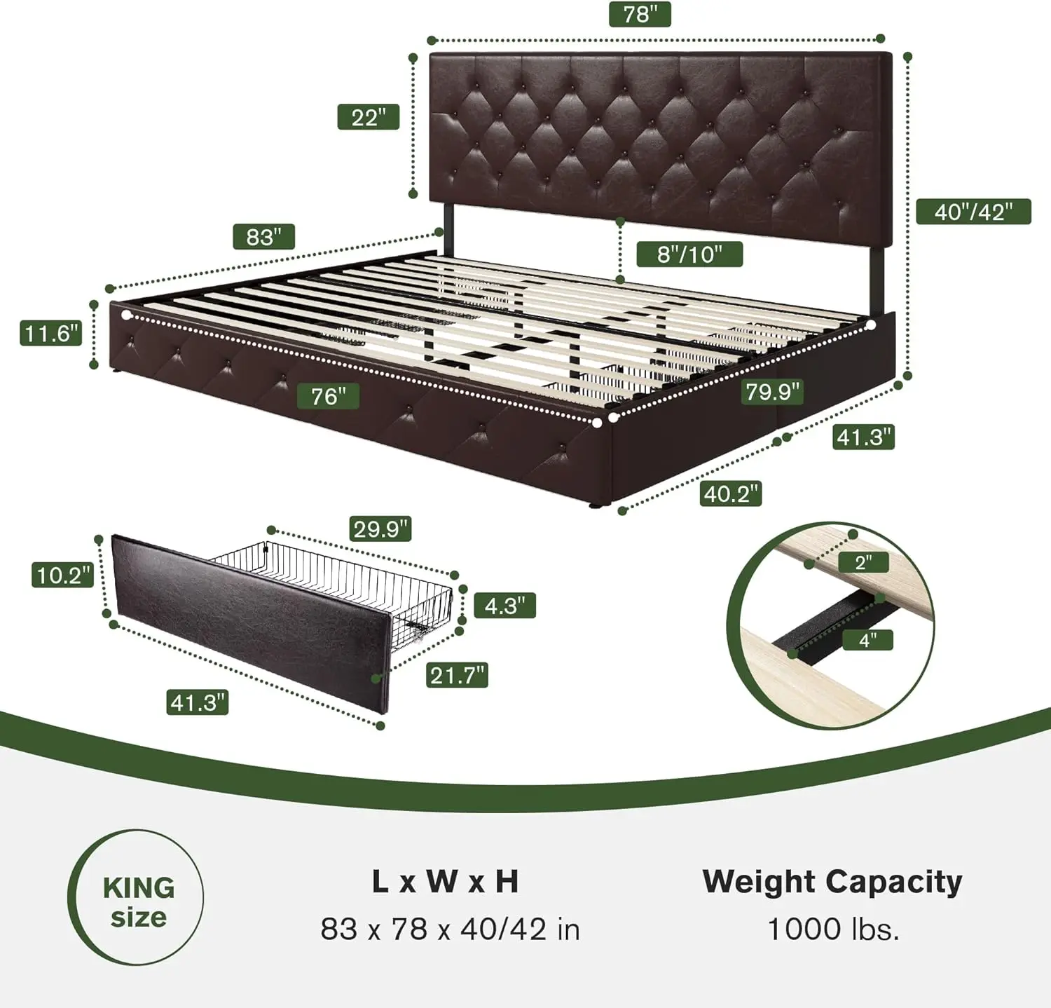 King Size Bed Frame with 4 Storage Drawers, Upholstered Platform Bed with Button Tufted Adjustable Headboard