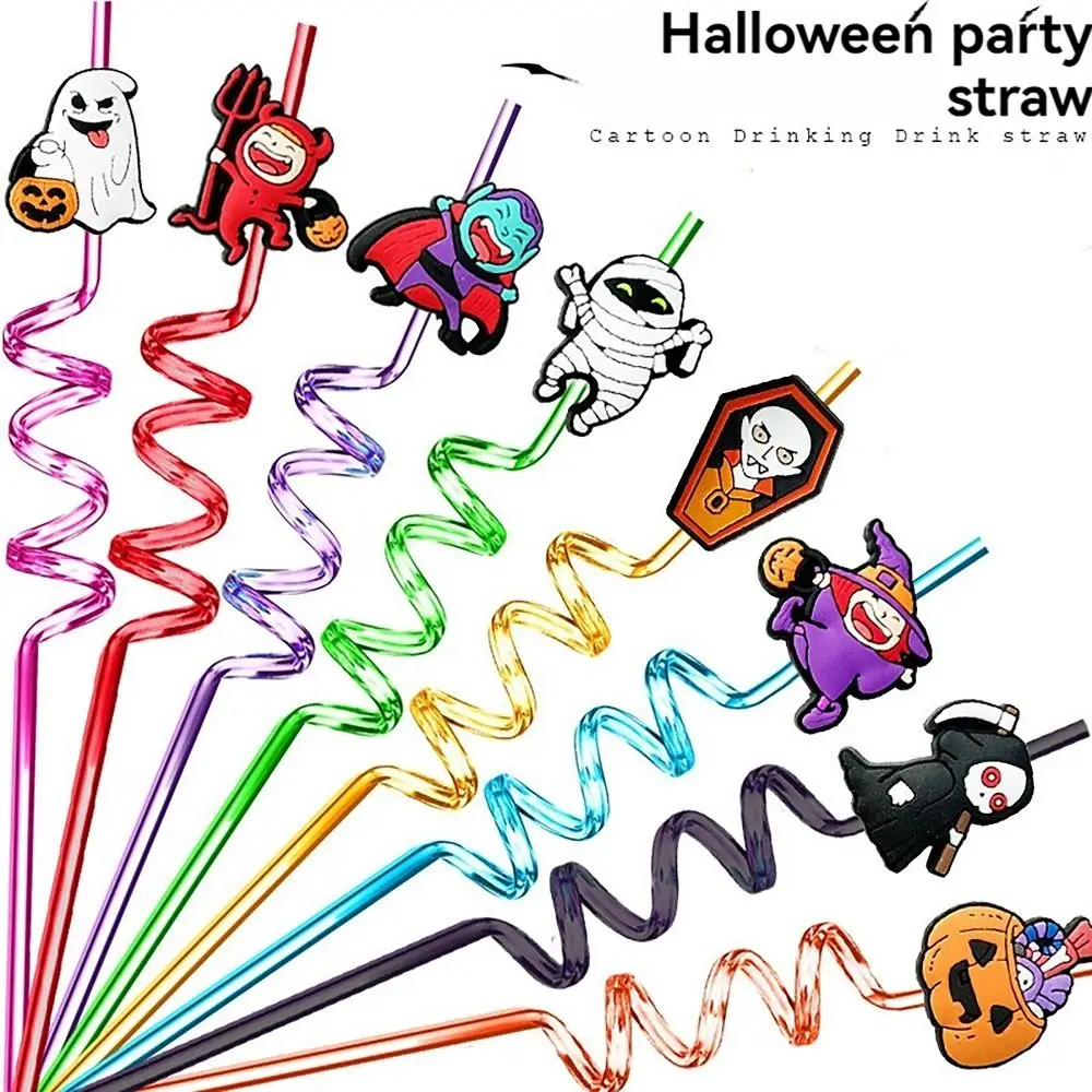 2pcs/bag Creative Halloween Party Cup Straws Multi-styles Spiral Juice Straw Plastic Drinking Straws for Party Decor