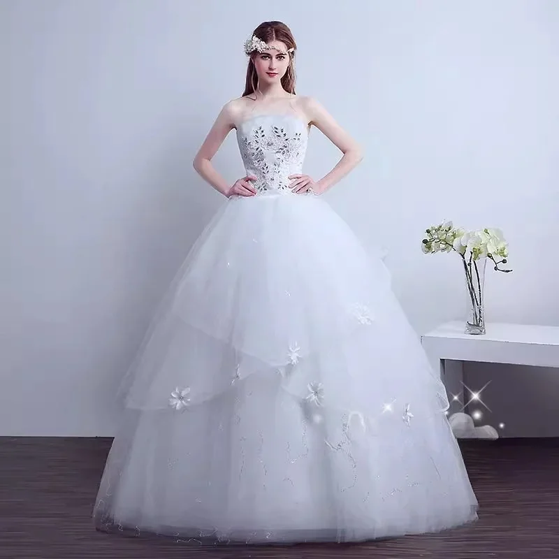 

Wedding Dress White Cheap Crystal Strapless Crystal Bling Lace up Sequins Tulle Princess Floor-length Plus size Bride Ball Gowns