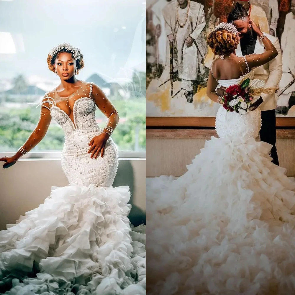 

Свадебное платье русалки на заказ, каскадные оборки, жемчуг и бусины, свадебное платье с круглым вырезом и длинными рукавами, Robe De Soiree