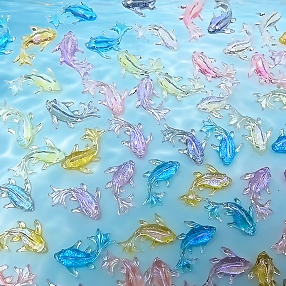 50pcs Aurora Iridescent Resin Fish Nail Charms 3D Shiny Transparent Koi Fish Nail Art Accessories Goldfish Rhinestone Nail Decor view 6