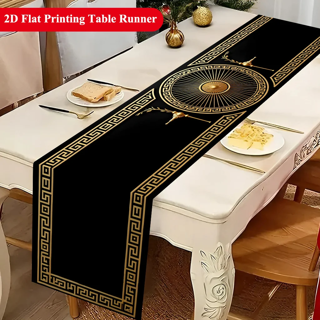 Elegant Gold Patterns Fine Border Table Runner - Luxury Vintage Motif Decoration for Holiday Kitchen Dining Home Party
