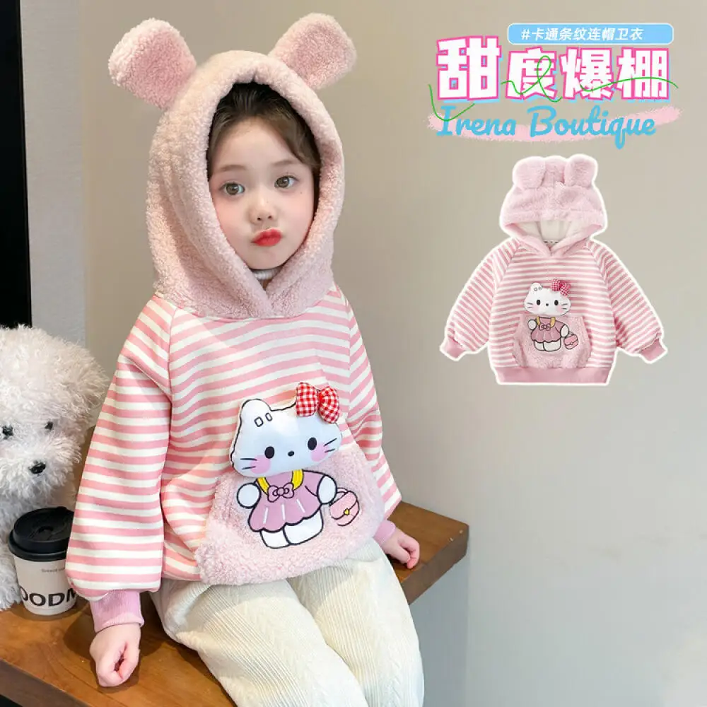 

Sanrio Hello Kitty Girls Autumn and Winter Sweatshirt New Striped Cat Fleece Top Fashionable and Sweet Cartoon Hooded Sweatshirt