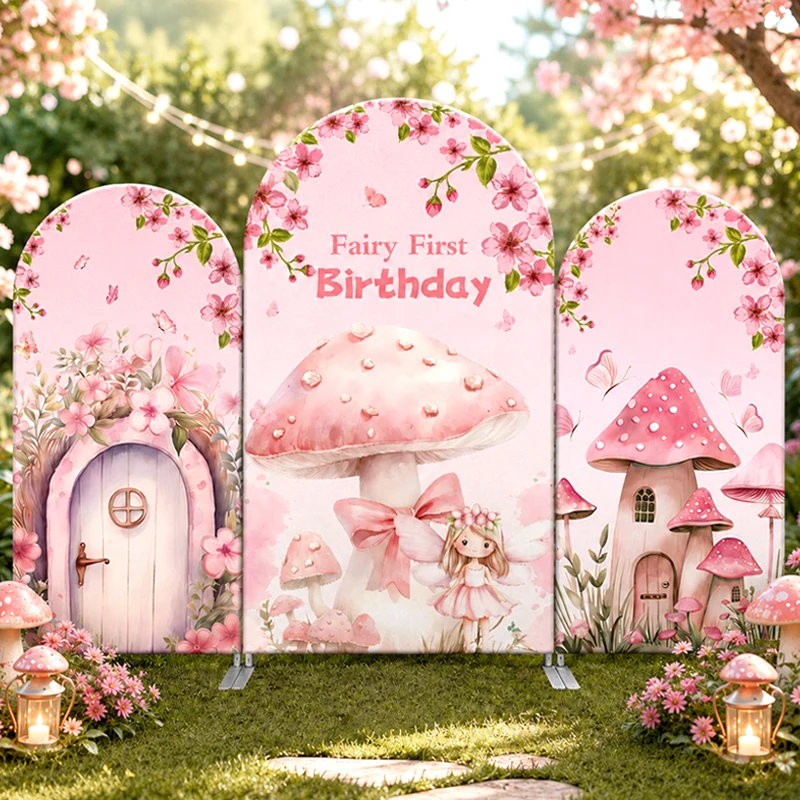 

Fairy First Birthday Arch Backdrop Cover Pink Mushroom House Theme Party Decor Photo Booth Background Girls Celebration Supplies