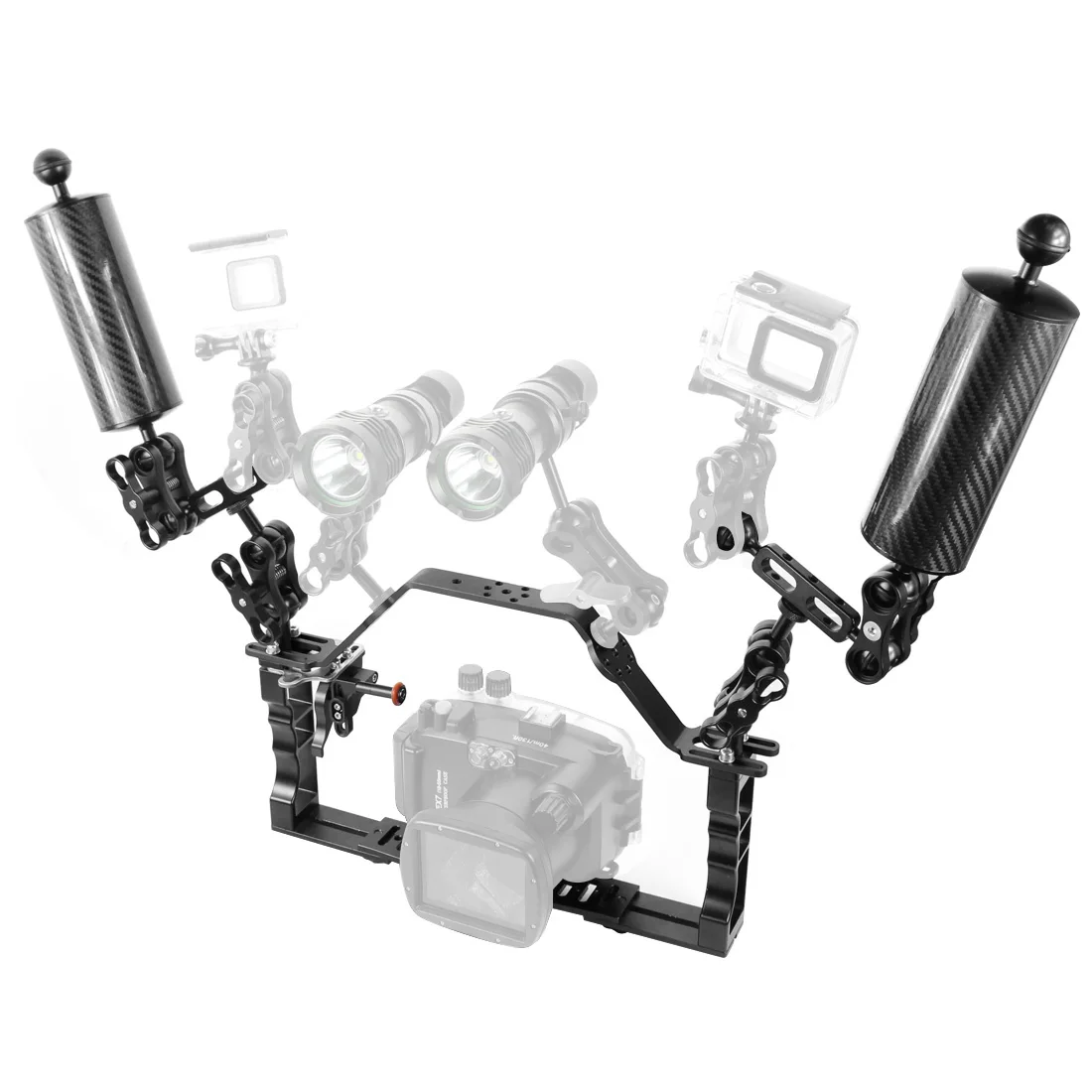 علبة الغوص المزدوج مقبض قبضة التوسع رفع جبل قوس التصوير تحت الماء ل Gopro سوني كانون نيكون فوجي دعامة إضاءة