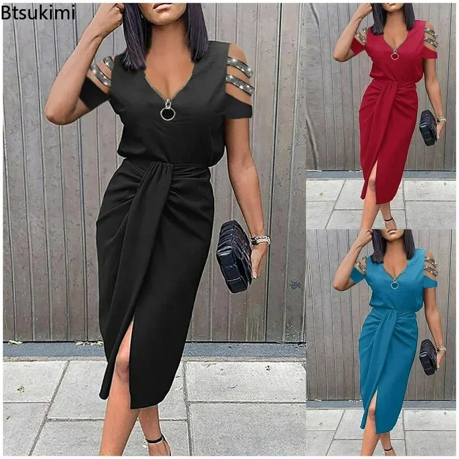 

2025 Women's Elegant Maxi Dresses Sexy Deep V Zip Design Slim Party Dress Summer Hollow Out Short Sleeve Pleated Dress for Women