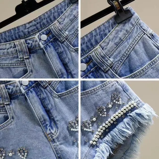 Pink Bead Diamond Irregular Burr Edge Wide Leg A-Word Denim Shorts Hot Pants Women's Korean High Waist Jean Shorts Mujer