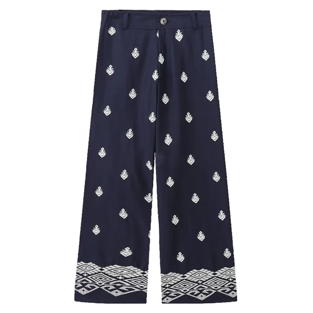 

Withered Embroidery Navy Color High Waist Trousers Ladies Moroccan Style Retro Cotton Linen Loose Casual Pants For Women