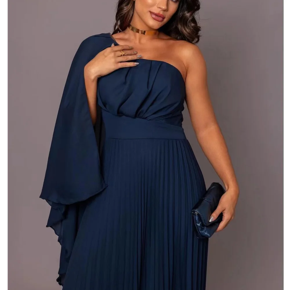 Vintage Long One Shoulder Chiffon Evening Dresses Full Sleeves A Line Pleated Sweep Train Vestido De Noche for Women