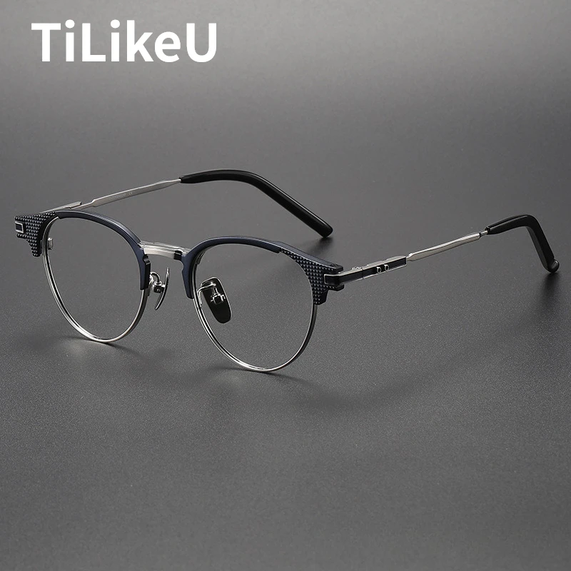 

High-end Brand Design Retro Round Eyebrow Frame Eyeglass Quality Acetate Pure Titanium Men Business Myopia Reading Glasses Frame