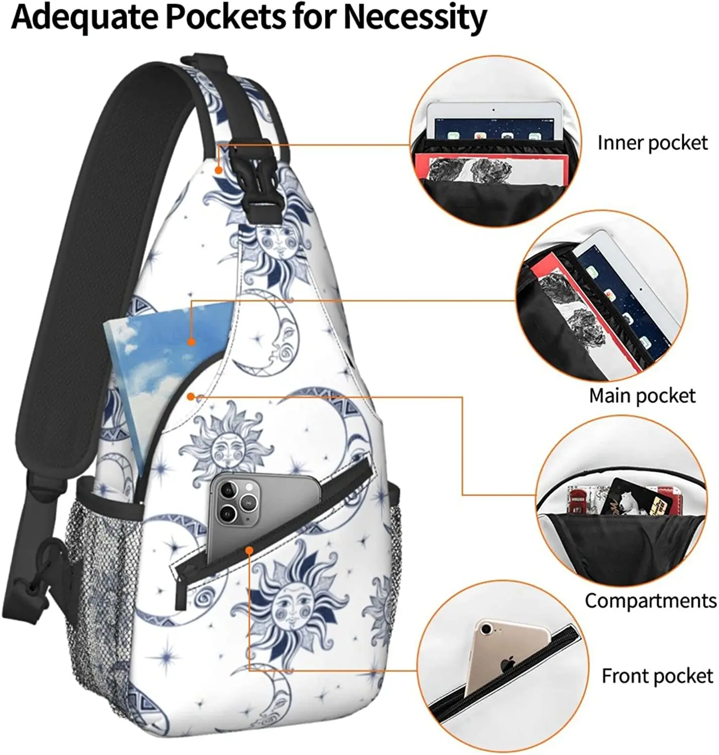 Sun Moon Stars Sling Bag Crossbody Travel Hiking Chest Backpack Shoulder Daypack for Women Men One Size