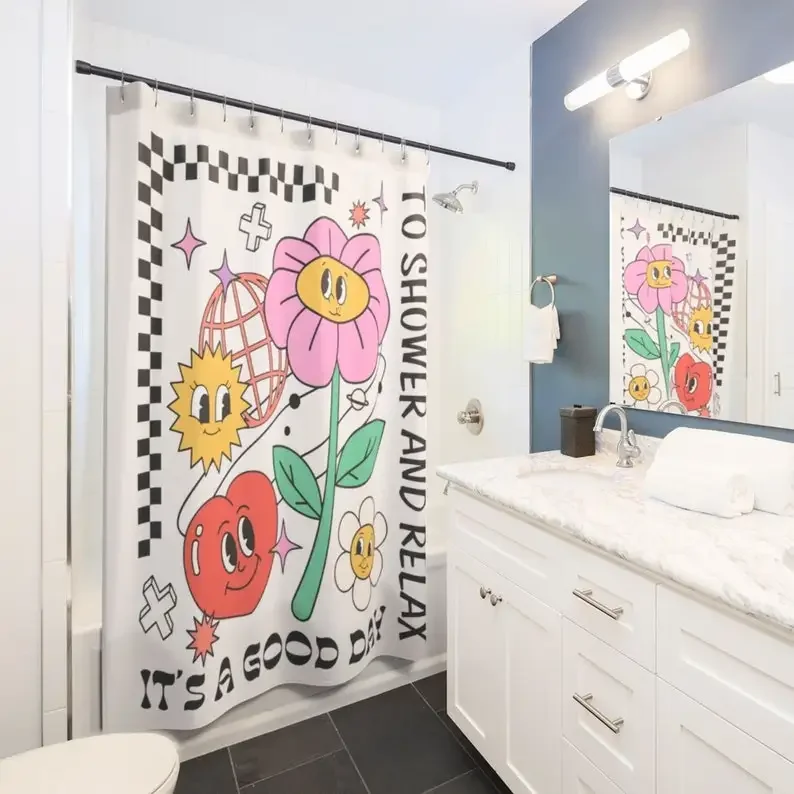 Retro 70s Floral Shower Curtain - Blue Heart Flower, Disco Checkerboard, Unique Bathroom Decor, Cute Bath Gift
