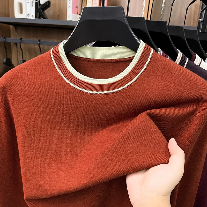 High End Men's Sweater Autumn Winter New Boutique Striped Round Neck Top Luxury Brand Thin Simple Casual Trendy Knitted Pullover