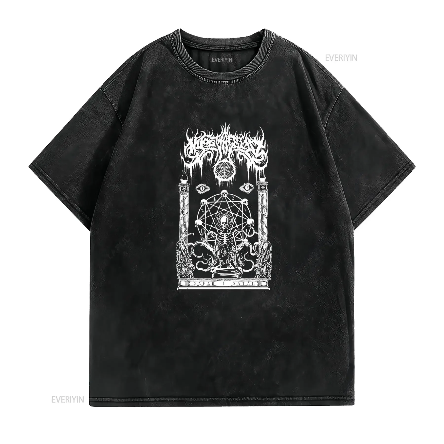 Gothic Occult Pentagram Skeleton Tentacle Print Casual Streetwear T Shirt vintage Washed Unisex Slightly streetwear Breathable