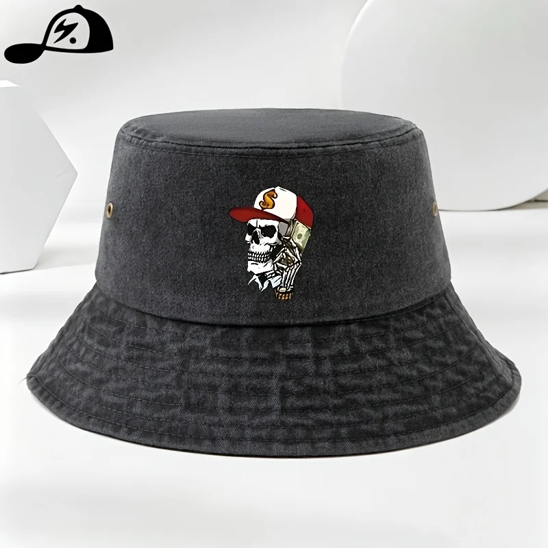 A Foldable Skull-print Washed Bucket Hat, a Stylish and Versatile Vintage Bucket Hat Available in Multiple Colors, Suitable for