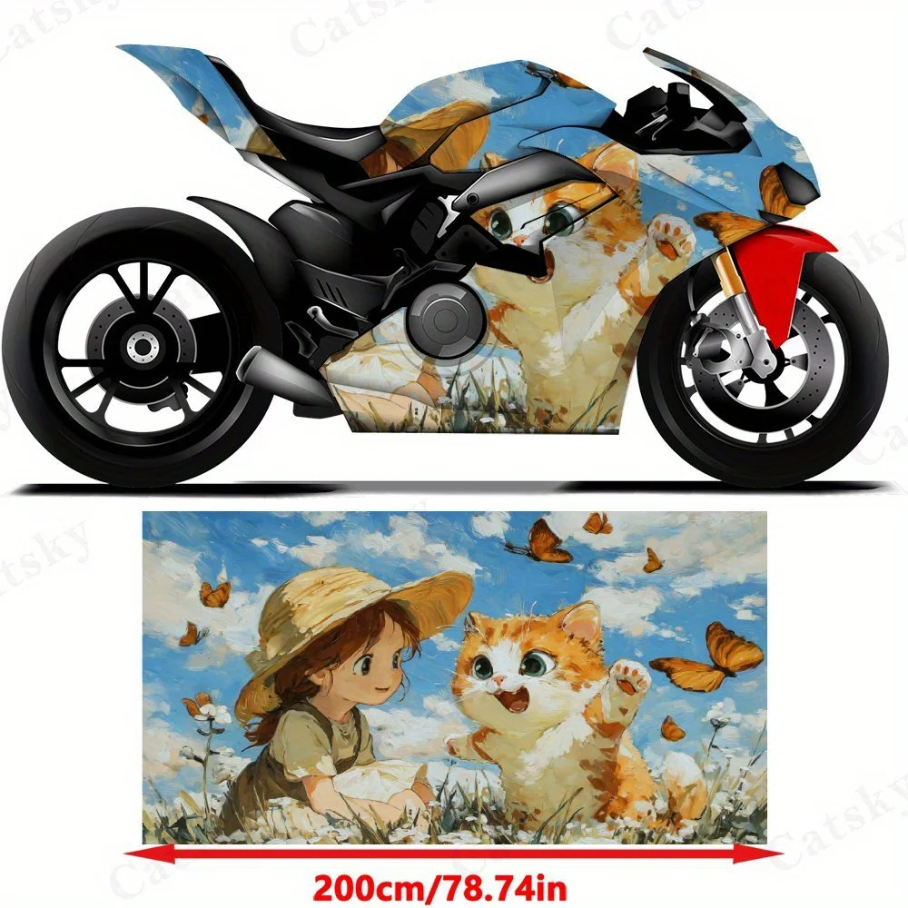 Girl and Cat in Flower Field Motorcycle Film Stickers, Durable PVC Adhesive Decals for Motorcycle Customization, Weather-Resista