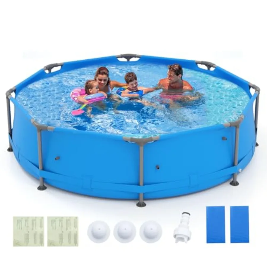 

Набор для сборки круглого наземного бассейна диаметром 10 футов с металлическим каркасом и ПВХ-тканью, синий, 1158 галлонов, включает 3 заглушки и соединитель для дренажного клапана.