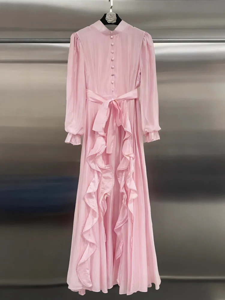 DFDG femmes 2025 printemps été élégant luxe Chic robe Maxi à volants cravate taille coupe ajustée mode soirée robe de Cocktail