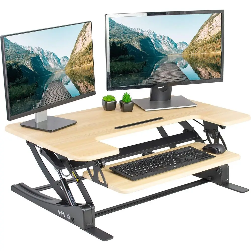 36 Height-Adjustable Stand-Up Desk Converter, Dual Monitor Riser, Light Wood Top, Black Frame