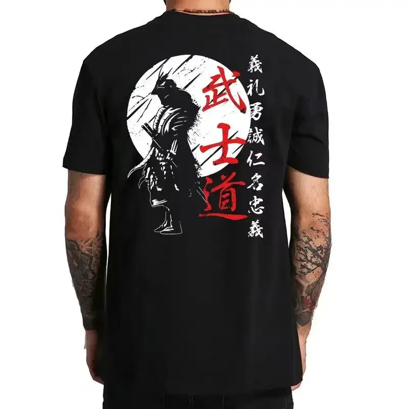 Japan Samurai Spirit T Shirts Japanese Style Back Print EU Size 100% Cotton Tops T-shirt Bushido Male Gifts Tee