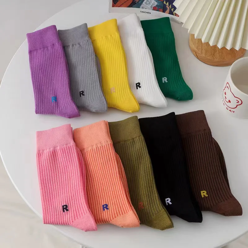 5Pairs Mixed Colors Letter R Series Socks For Women Solid Color Cotton Comfortable Women Socks Double Needle Knitted