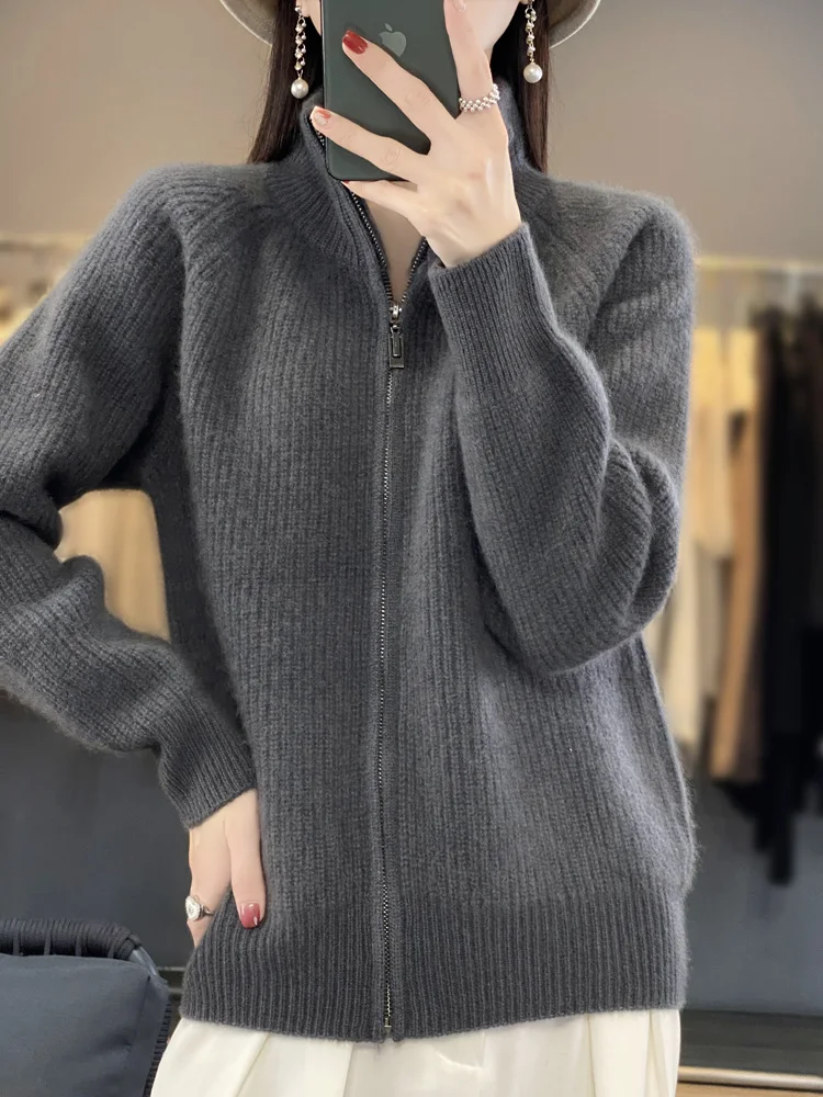 Women\'s Merino Wool High Neck Sweater, 100% Merino Wool,Long Sleeve Knitted Top,Thick Warm Zipper Outerwear,Casual Fashion Trend