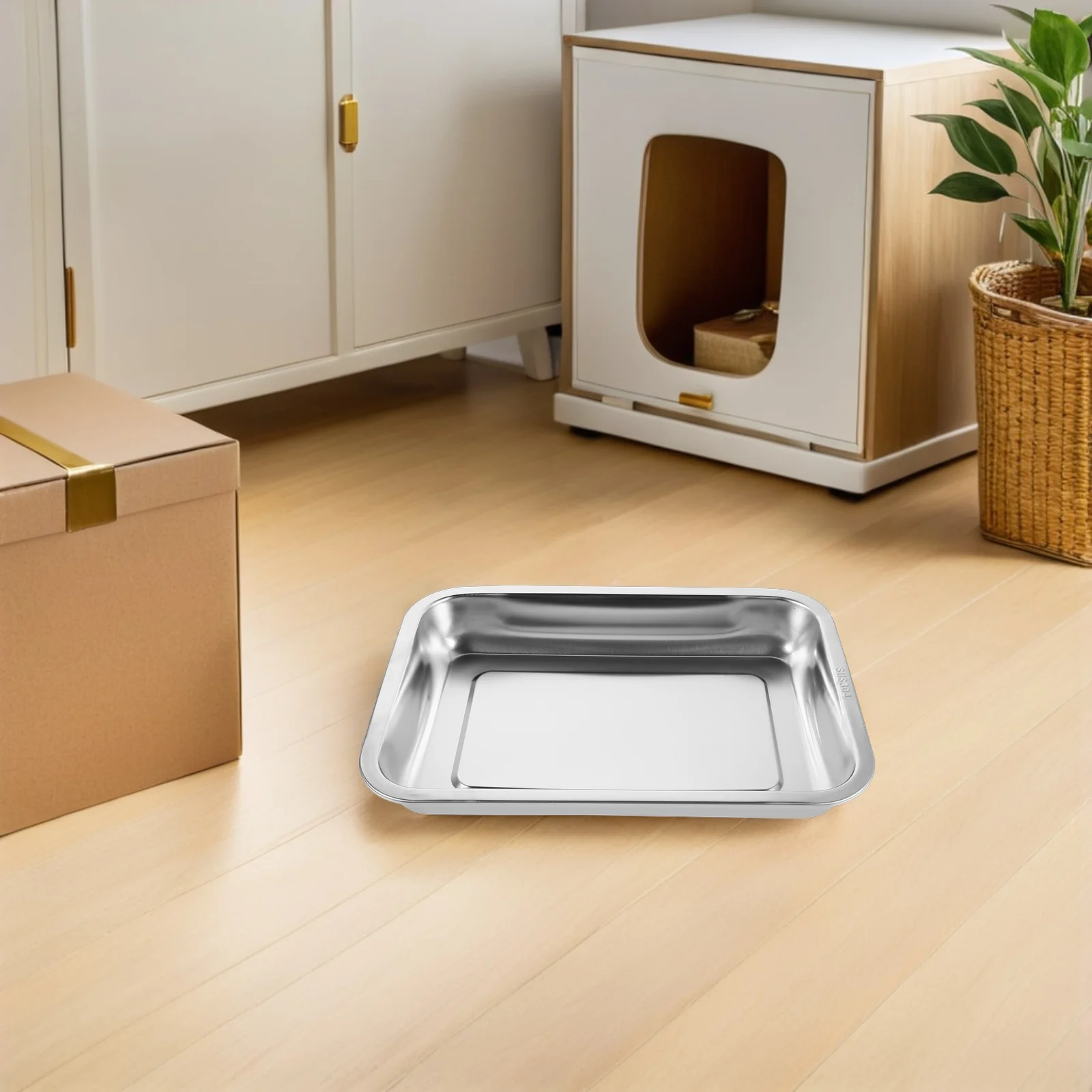 

2Pcs Stainless Steel Cat Litter Box Basin Deep High Sided Metal Litter Tray Easy Clean Open Pan Indoor Kitten Pet Toilet