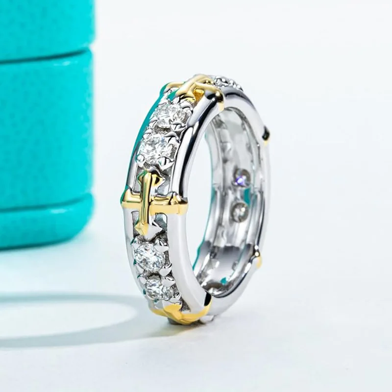 

Gold Silver Cross Pattern Ring Sparkling Zircon Inlaid Stainless Steel Eternity Ring Daily Jewelry