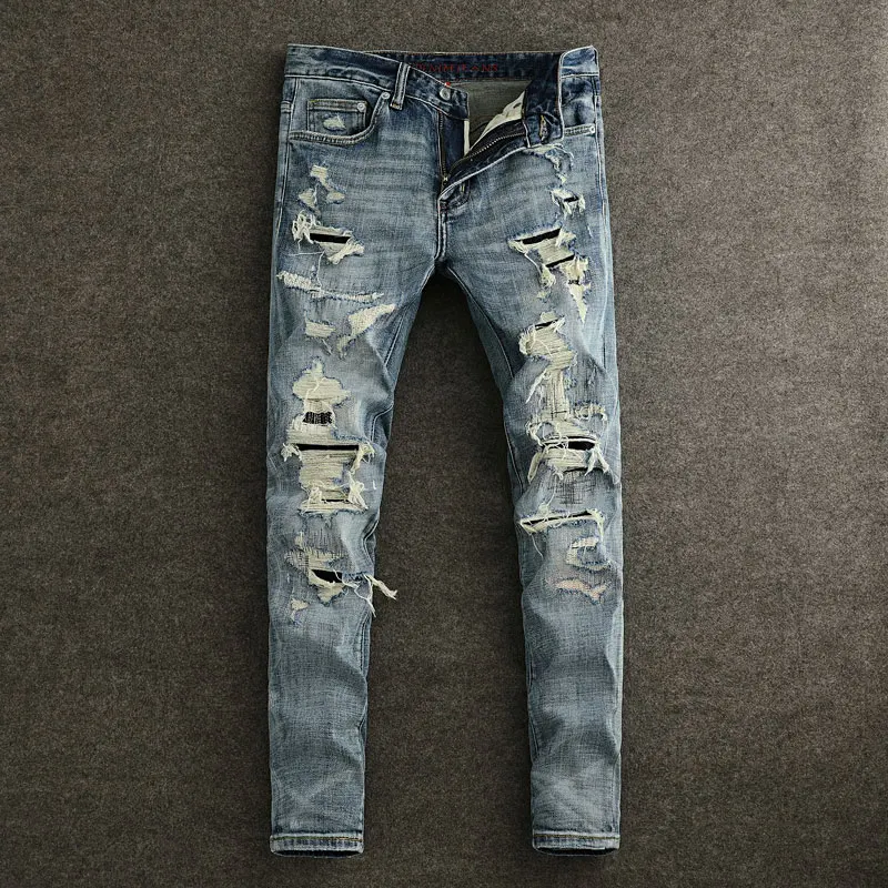 

Street Fashion Men Jeans High Quality Retro Blue Stretch Slim Fit Patched Designer Ripped Jeans Men Hip Hop Vintage Denim Pants