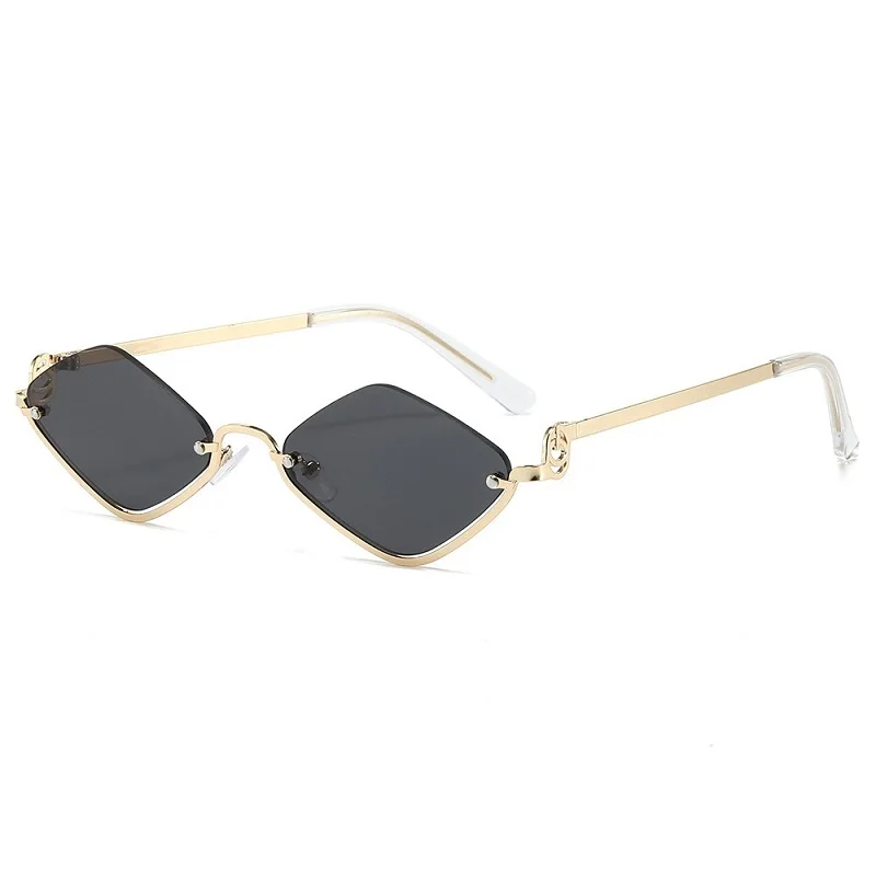 Retro Rhombus Cat Eye Sunglasses for Women Gold Metal Rim Anti UV Fashion Skinny Frame Trendy Outdoor Daily Eyewear
