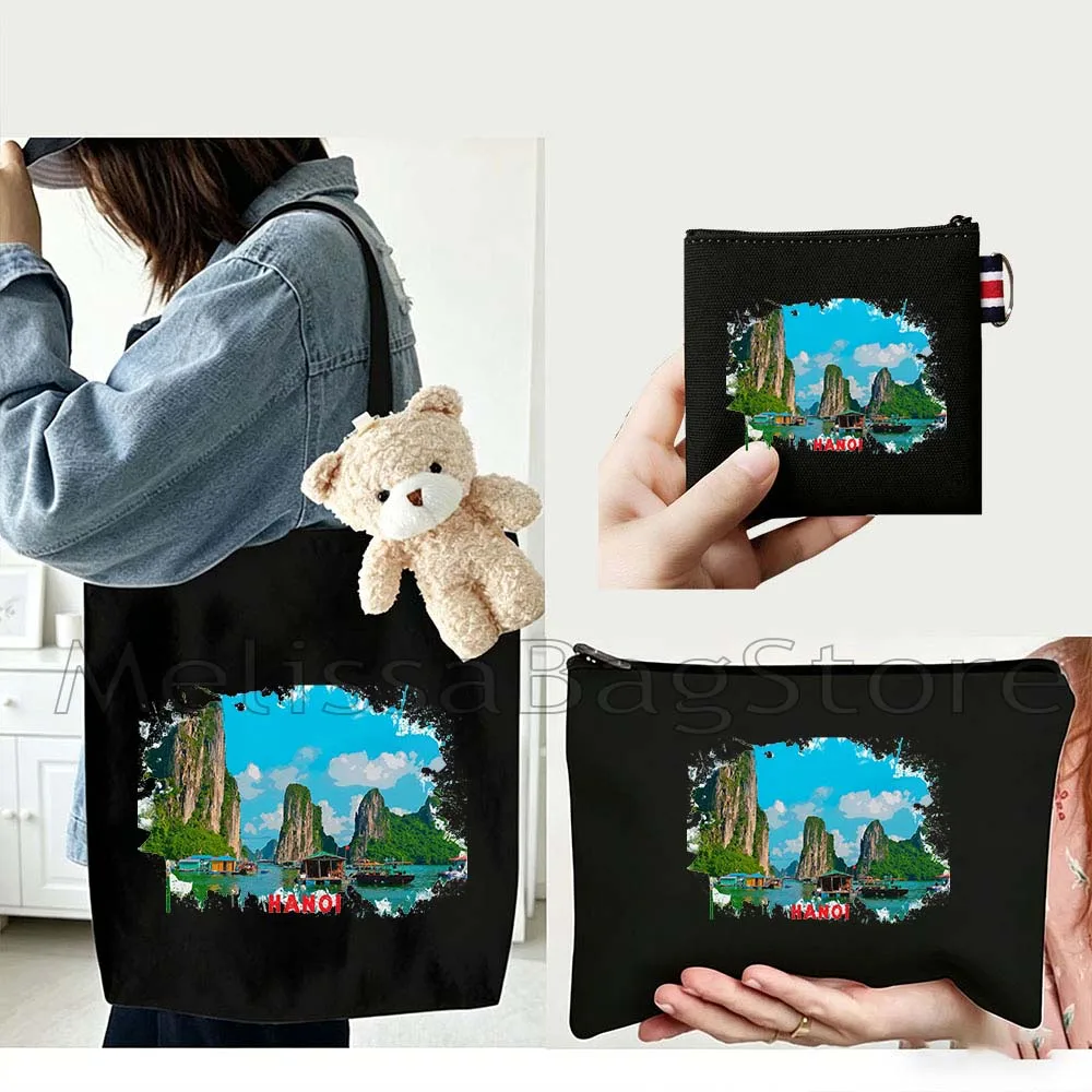 4PCS Gifts Set Hanoi Vietnam White Canvas Tote Bag Handbag with Doll Key Coin Purse Cosmetic Makeup Toilet Bag Case Pouch