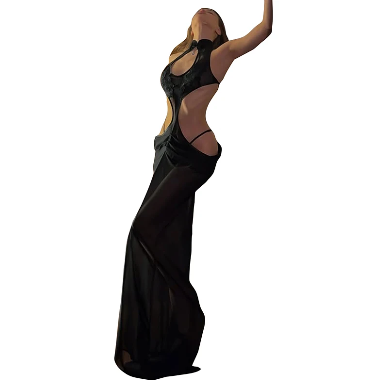 Weird Puss Rückenfreies Maxikleid mit Kreuzbandage für Damen, hohler Stehkragen, Applikationen, ärmellos, sexy, Hottie, Midnight Vestidos – Detail 2