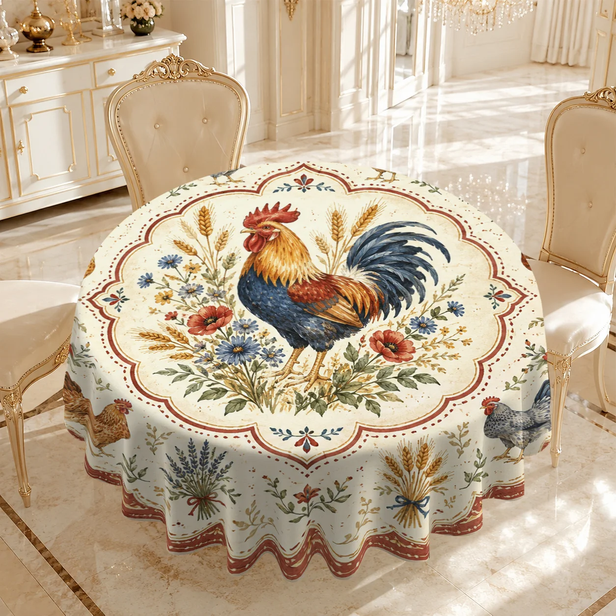 1pc Round Tablecloth, Rooster, Hen, Flowers, Wheat Sheaves Round Pattern 2D Printed Tablecloth, Diameter 60 Inch