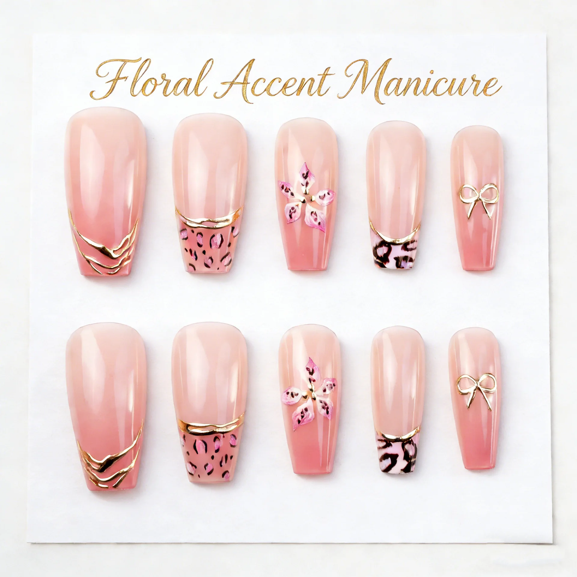 

24PCS Medium Square False Nails Leopard Print Gold Plated Sweet Cute Flower Bow Press on Nails European American Cool Nail Art