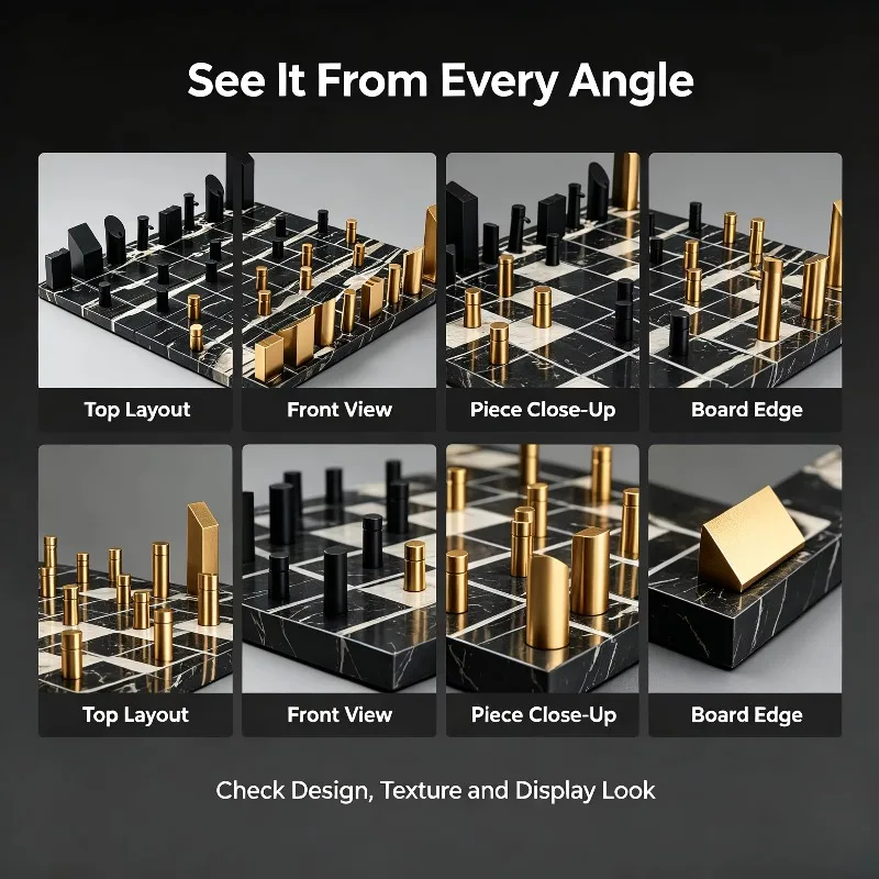 Marble Chessboard Geometric Ornament, Metal Chess Pieces Light Luxury Desktop Decor for Home Living Room Model Room Decoration