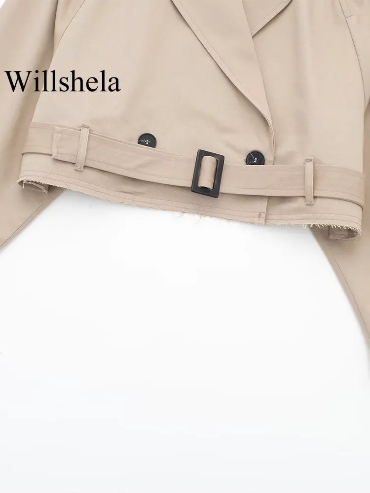 Willshela Women Fashion With Belt Cropped Trench Jacket Vintage Notched Neck Long Sleeve Female Chic Lady Coat Outfits