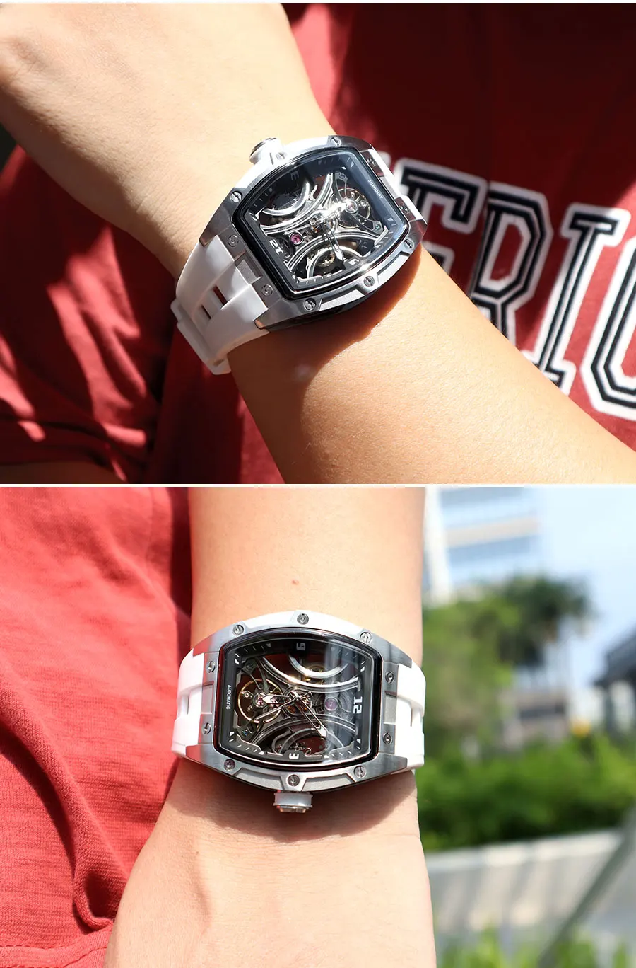 MEGIR Sport-Stil, automatische mechanische Uhr für Herren, voll hohl, transparentes Zifferblatt-Design, Edelstahlgehäuse, Silikonarmband – Detail 10
