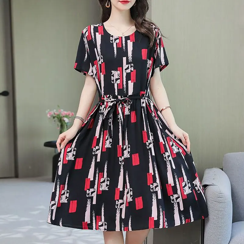 Female Clothing Fashion Drawstring Bow Midi Dress Vintage Printed Summer A-Line Waist Commute Round Neck Short Sleeve Dresses
