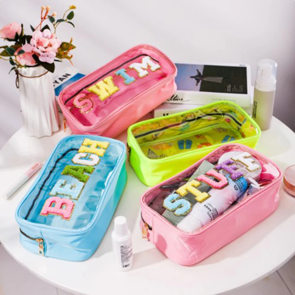 Women Girls Pvc Waterproof Glitter Chenille Letter Transparent Clear Preppy Patch Makeup Stuff Pouch Cosmetic Bag Organizer Bags