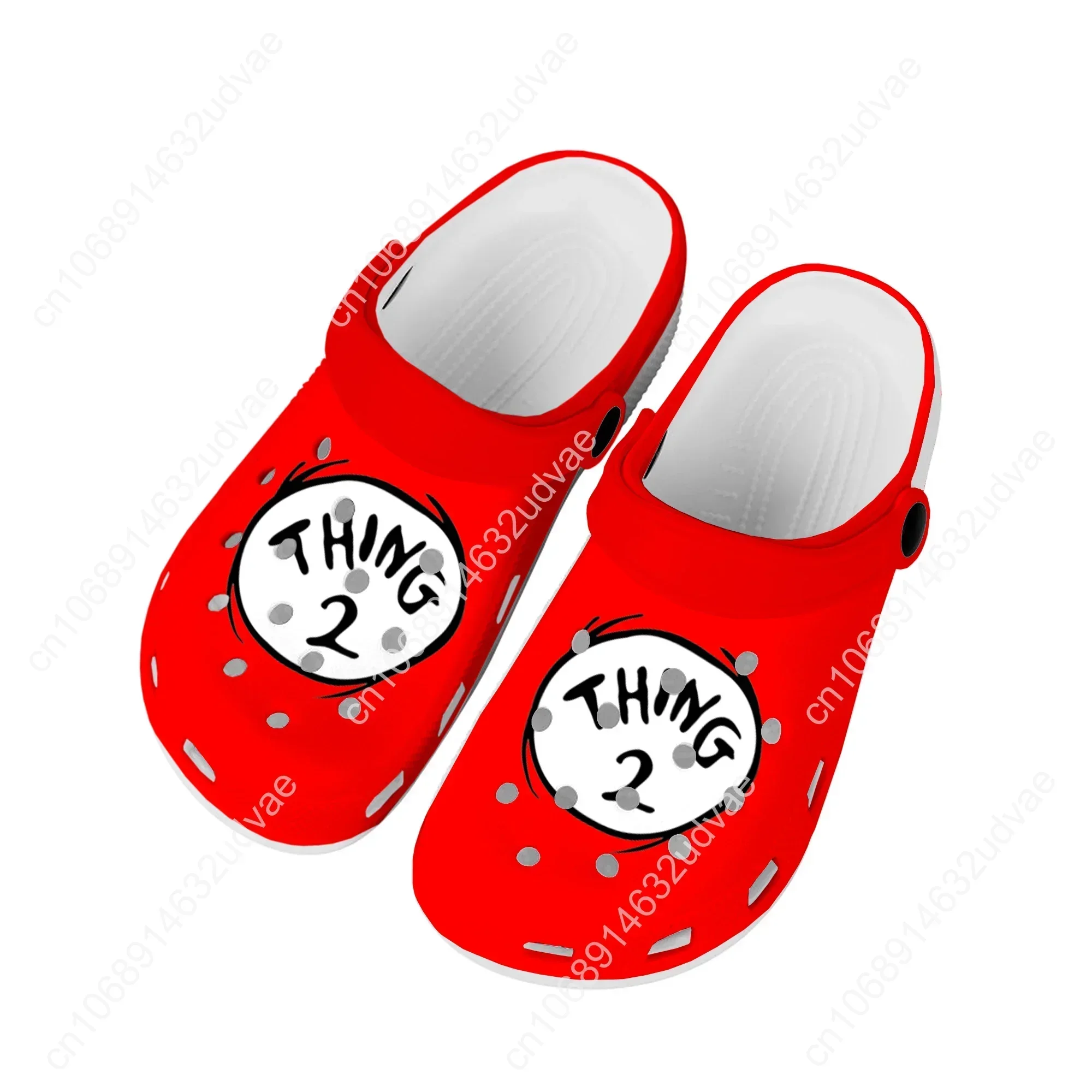 Zapatillas de agua personalizadas para hombre y mujer, zuecos de Dr Seuss, calzado de jardín y playa con agujeros, color rojo, Thing 1 y 2