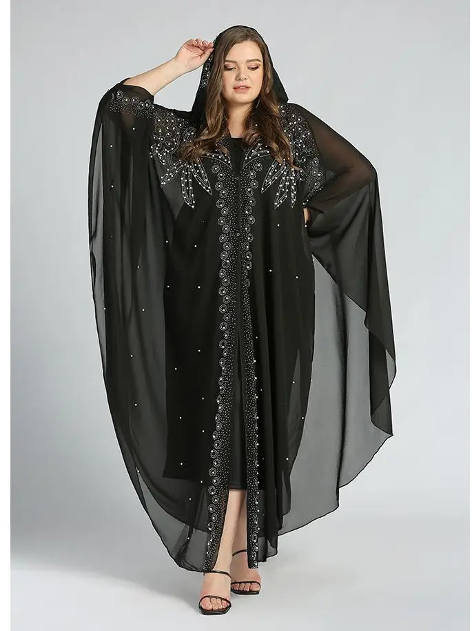 PLus Size Casual Kaftan Dress Women's Glitter Sequin Decor Batwing Sleeve Round Neck Loose Fit Maxi Dress