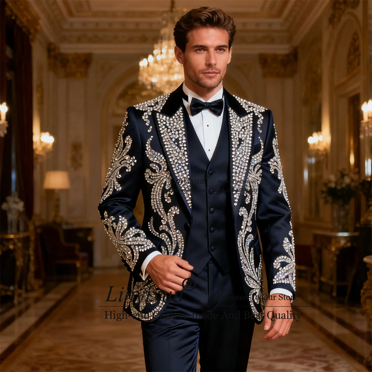 

Мужские костюмы с блестящими металлическими украшениями, комплекты из 3 предметов, мужские пиджаки для выпускного вечера, индивидуальные смокинги для жениха с остроконечными лацканами, тонкие Ropa Hombre