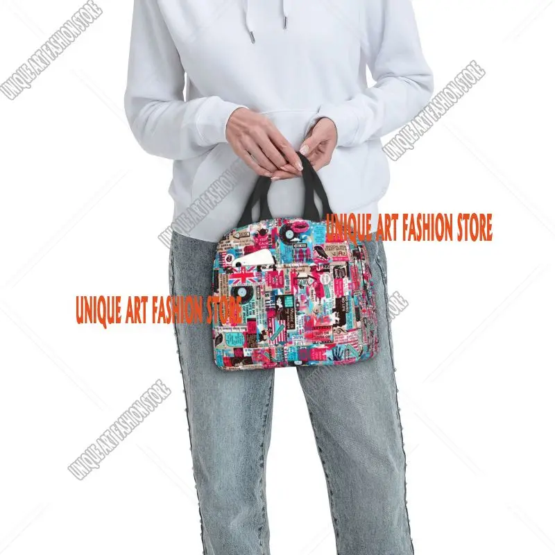 Retro Uk London British Collage Insulated Lunch Bag for Outdoor Picnic Resuable Cooler Thermal Lunch Box Women Kids