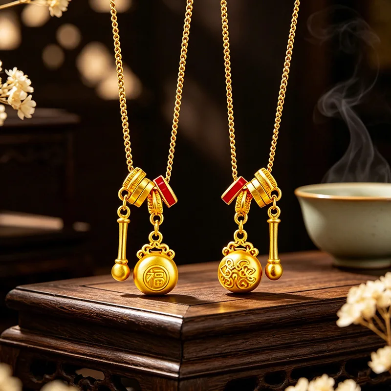 

9999 24K Real Gold Enamel Wooden Fish Lucky Bag Wrapped Necklace Women's Passepartout Double Pendant Tassel Clavicle Chain
