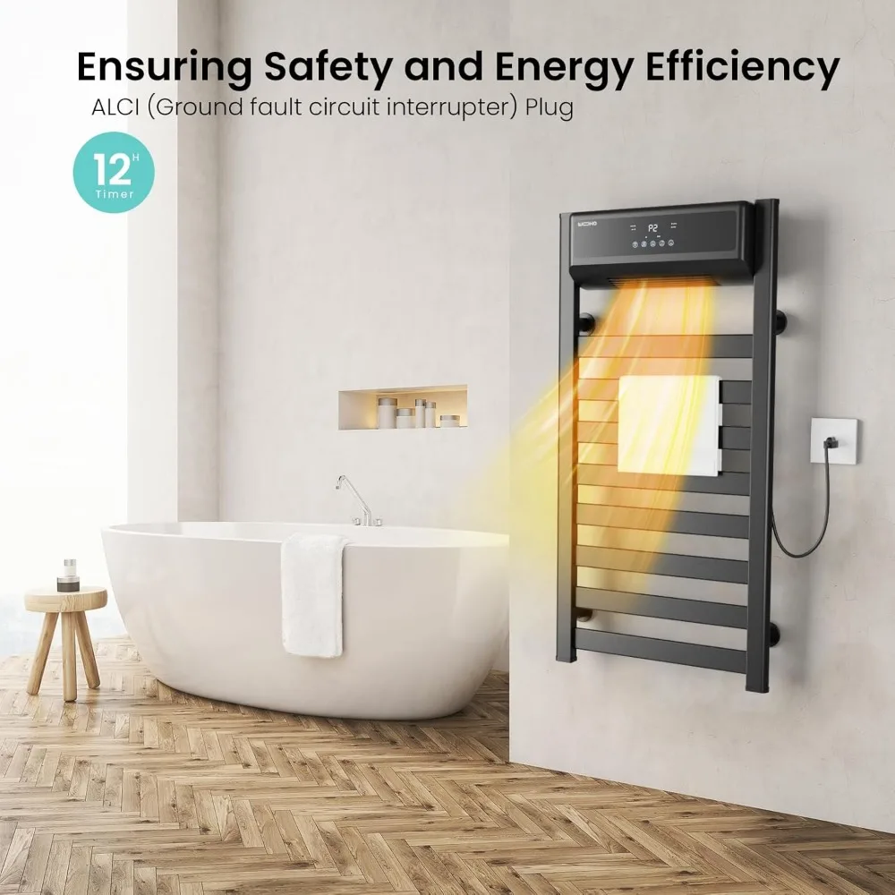 Toallero para baño, toallero calefactable inteligente de 39" con calentadores eléctricos, temporizador de pantalla táctil de 8 barras, calefacción PTC